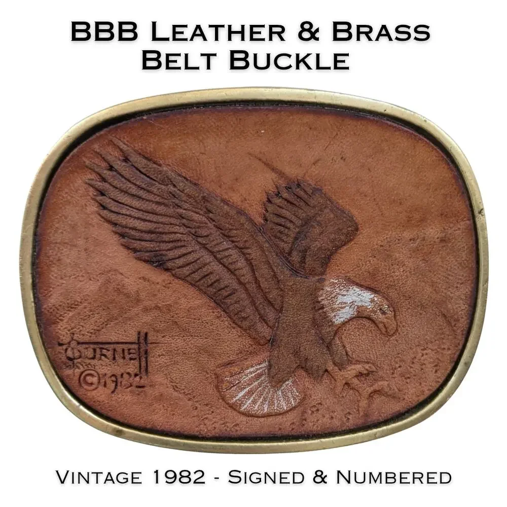 Vintage BBB 1982 Leather & Solid Brass Eagle Belt Buckle Burnett Tooled Numbered